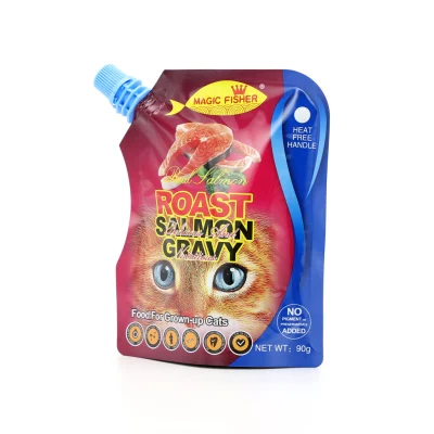 Imballaggio secco per alimenti per animali domestici con snack in plastica richiudibile stampato personalizzato.  Busta per cibo per cani stand-up con cerniera richiudibile