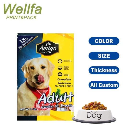 Sacchetto di alluminio di plastica stampato personalizzato Con tassello laterale Fondo piatto 5kg 15kg 20kg Cursore Cerniera Pet Treat Imballaggio Sacchetto di cibo per cani secco